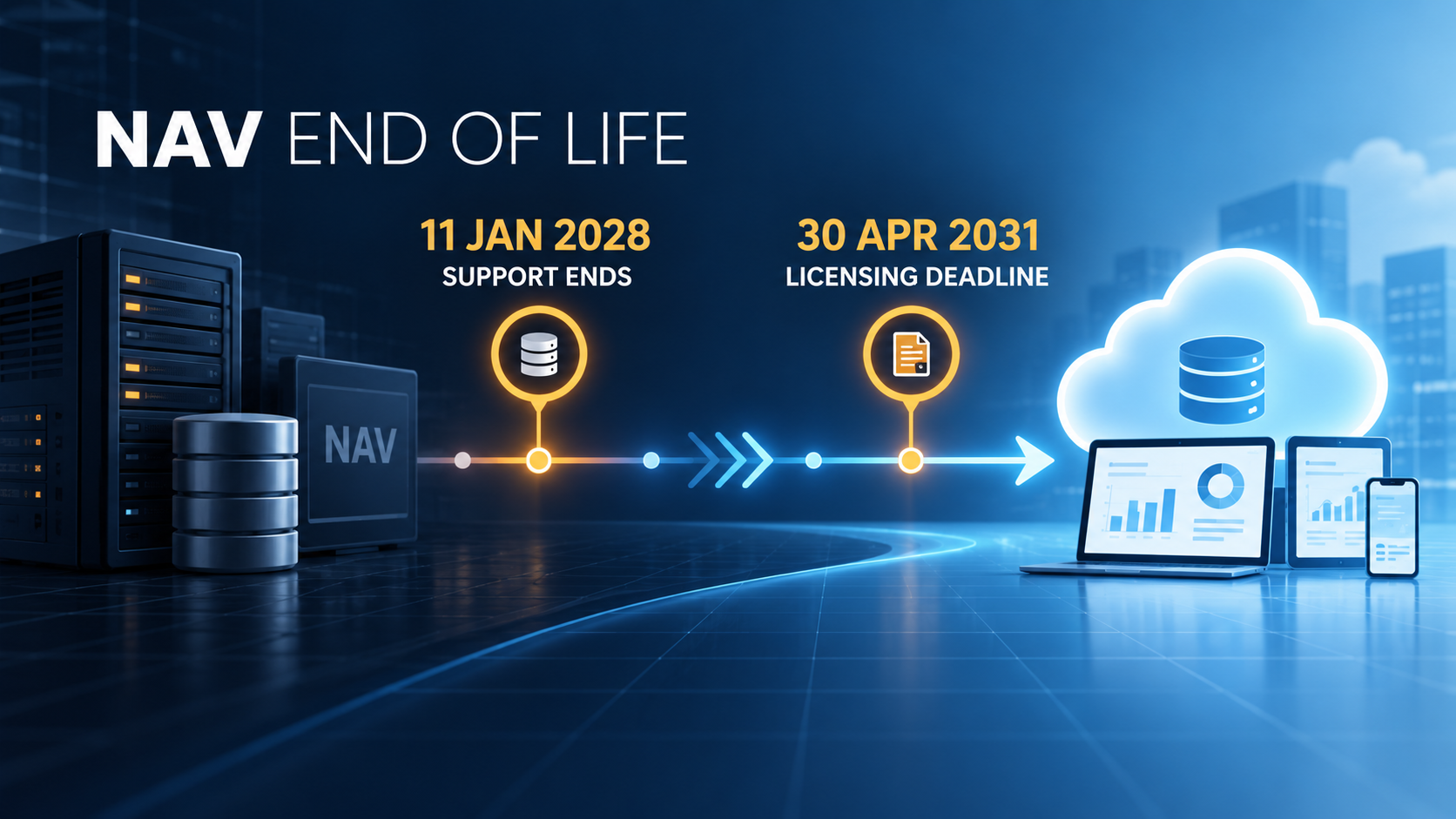 NAV Timeline: Support for NAV 2018 will end on January 11, 2028, and changes to NAV licensing will take effect on April 30, 2031.